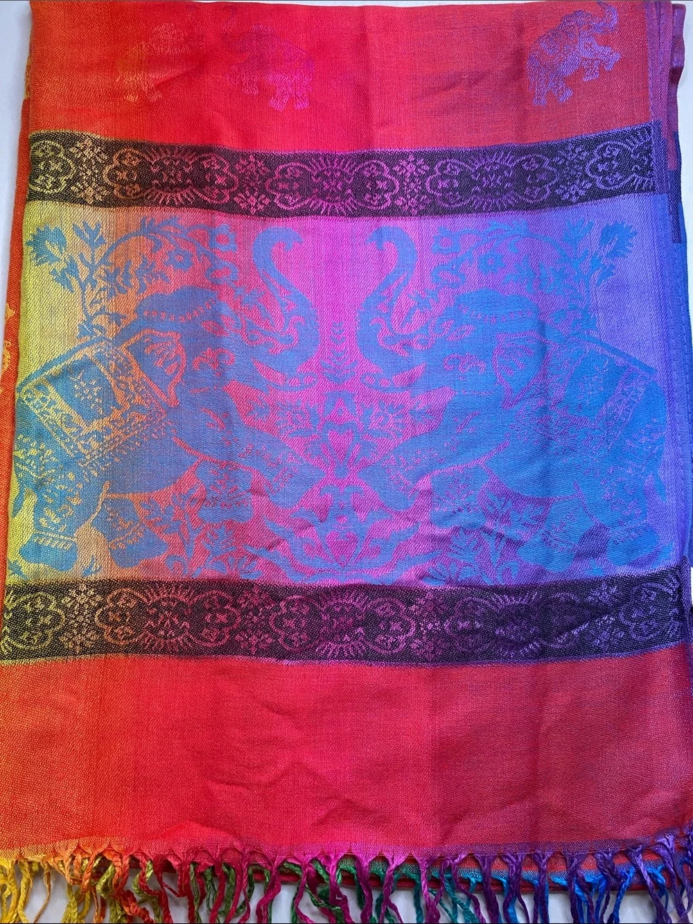 NWOT Pashmina Colorful Rainbow Elephant Print Classic Fringe Scarf 80”X 28”